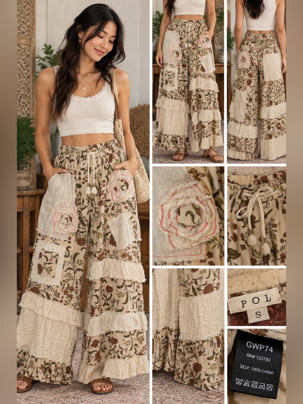 POL Wide Leg Floral Patchwork Pants, Size S, Beige and Brown